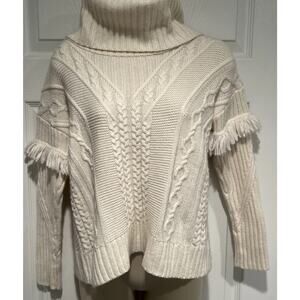 Artisan NY Women's Cream Knit Turtleneck Sweater Fringe Sleeve Slit Back xs